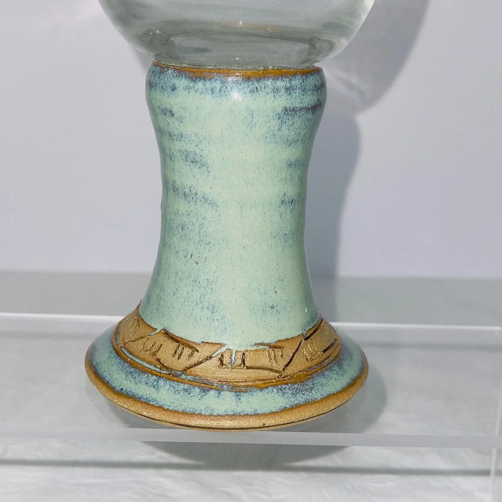Unbranded Pottery Small Bud Tea Candle Blue Glaze Dragonfly Mark Stoneware Decor